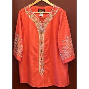 Vintage Bob Mackie Tunic Top Coral Embroidered Bohemian Art Deco Maximalist